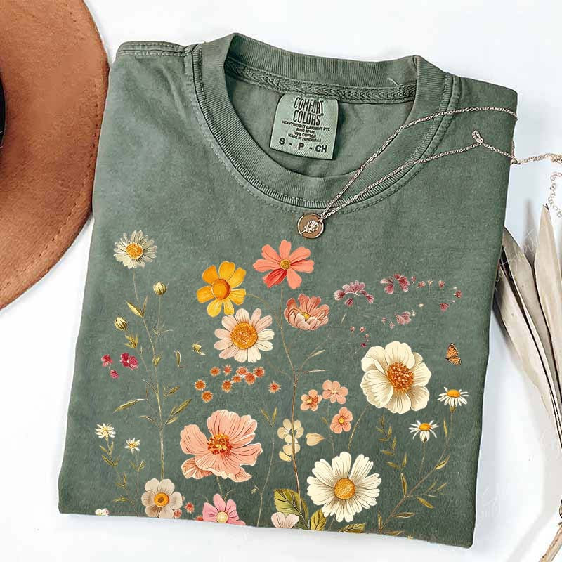 Vintage Delicate Printed Wild Flowers Boho T-Shirt