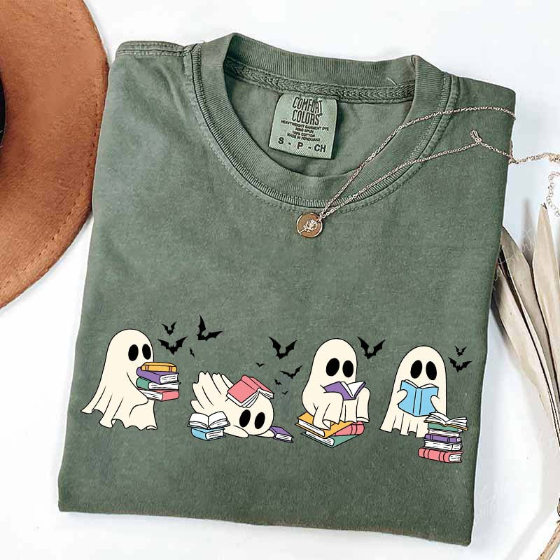 Cute Ghost Reading Book Halloween T-Shirt