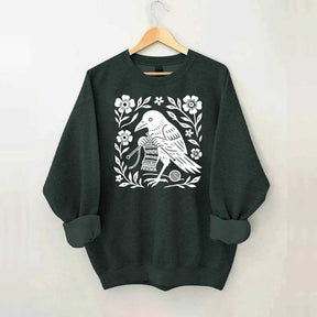 Crow Knitting Linocut Style Bird Sweatshirt
