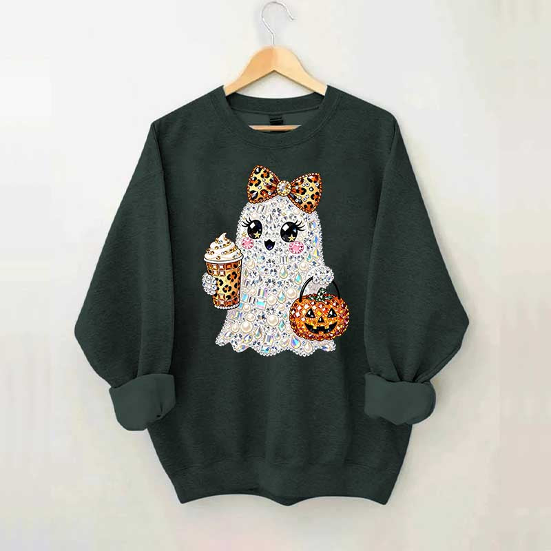Rhinestone Glam Ghost Halloween Printed Sweatshirt