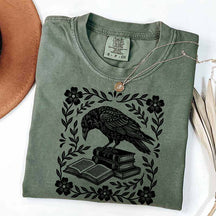 Retro Bookish Raven Linocut T-Shirt