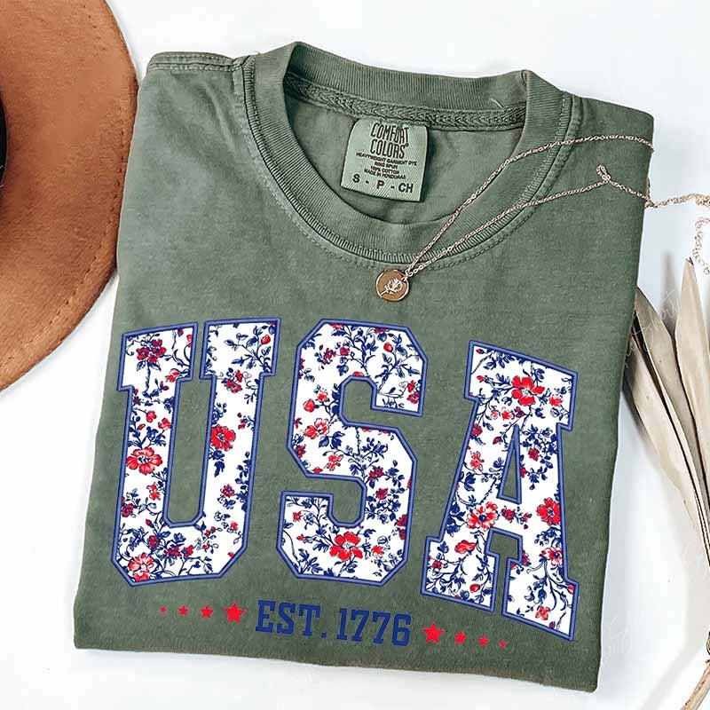 Flower USA Floral Patriotic T-Shirt