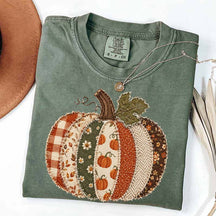Faux Patchwork Fall Pumpkin Printed T-Shirt