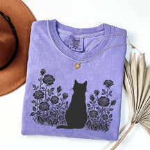 Cottagecore Cat Owner Rose Black T-Shirt