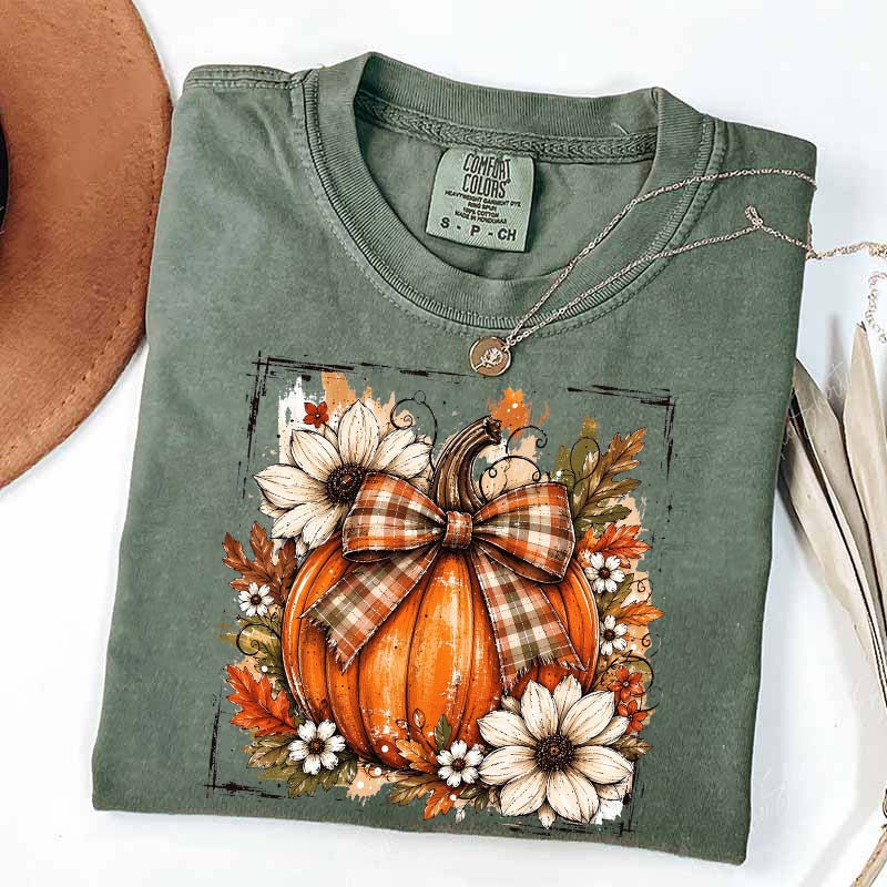 Pumpkin Bow Fall Graphic Floral T-Shirt