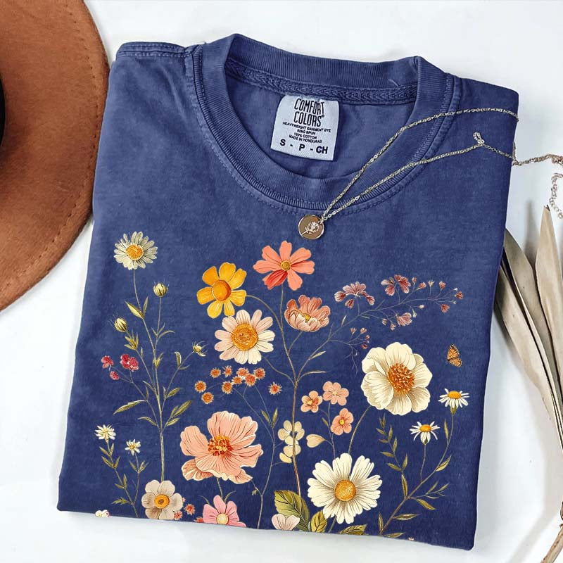 Vintage Delicate Printed Wild Flowers Boho T-Shirt