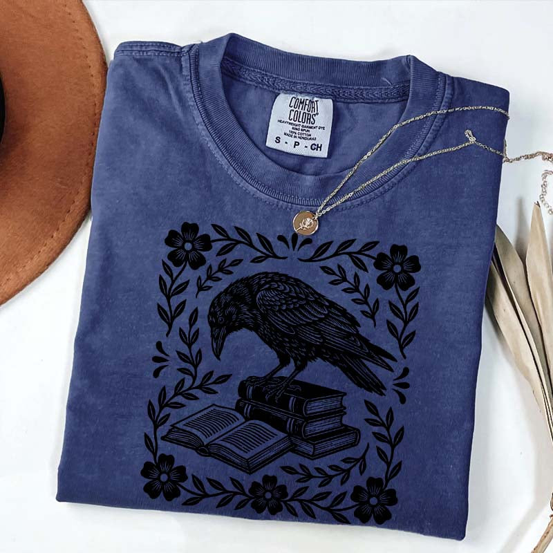 Retro Bookish Raven Linocut T-Shirt