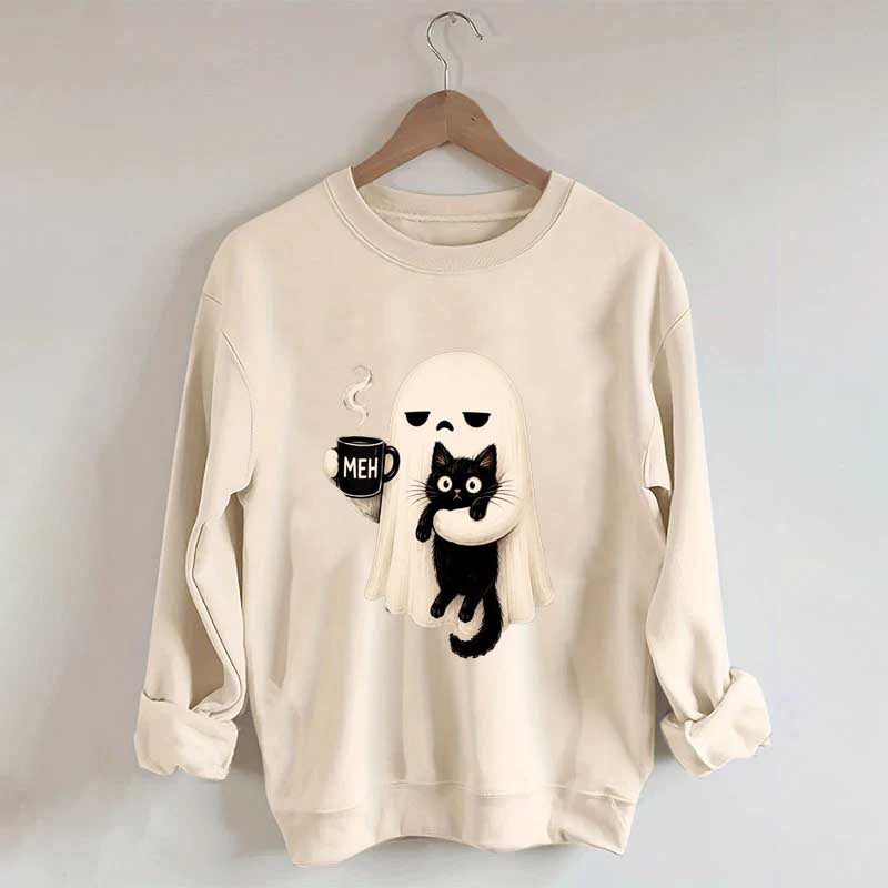 Ghost Holding Black Cat Meh Coffee Sweatshirt