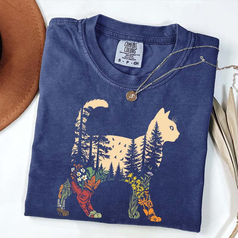Boho Cat Plants Nature Trees Wild Flowers T-Shirt