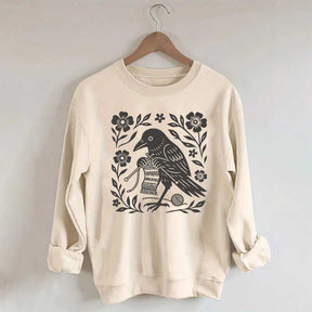 Crow Knitting Linocut Style Bird Sweatshirt