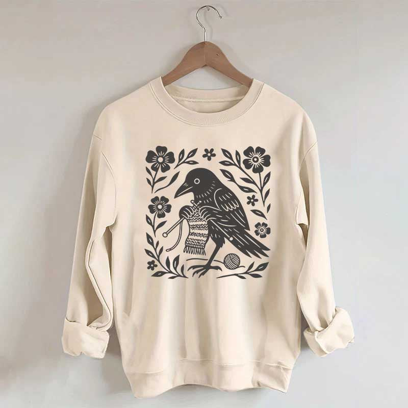 Crow Knitting Linocut Style Bird Sweatshirt
