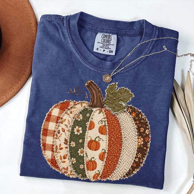 Faux Patchwork Fall Pumpkin Printed T-Shirt