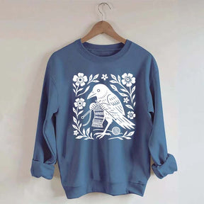 Crow Knitting Linocut Style Bird Sweatshirt