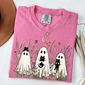Vintage Whimsical Ghost Black Cat T-Shirt