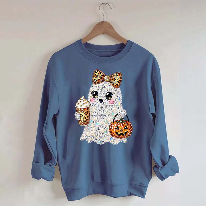 Rhinestone Glam Ghost Halloween Printed Sweatshirt