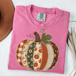 Faux Patchwork Fall Pumpkin Printed T-Shirt