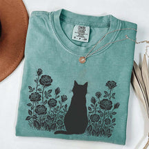 Cottagecore Cat Owner Rose Black T-Shirt