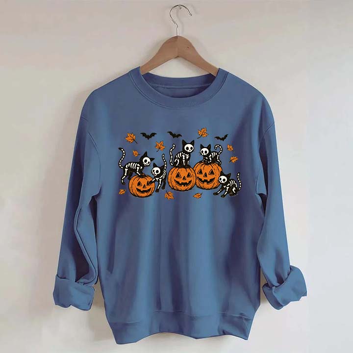 Retro Skeleton Fall Black Cat Pumpkin Sweatshirt