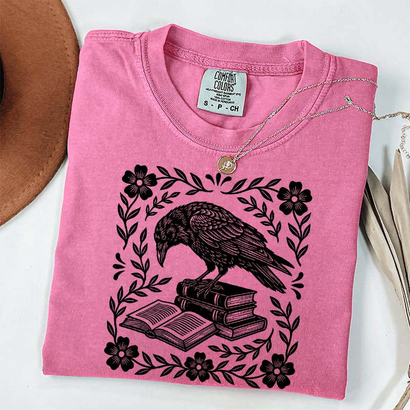 Retro Bookish Raven Linocut T-Shirt
