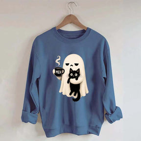 Ghost Holding Black Cat Meh Coffee Sweatshirt
