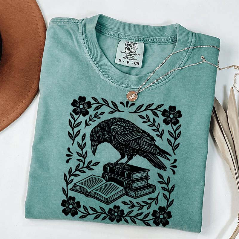 Retro Bookish Raven Linocut T-Shirt
