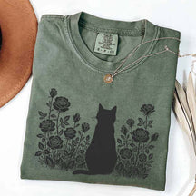 Cottagecore Cat Owner Rose Black T-Shirt