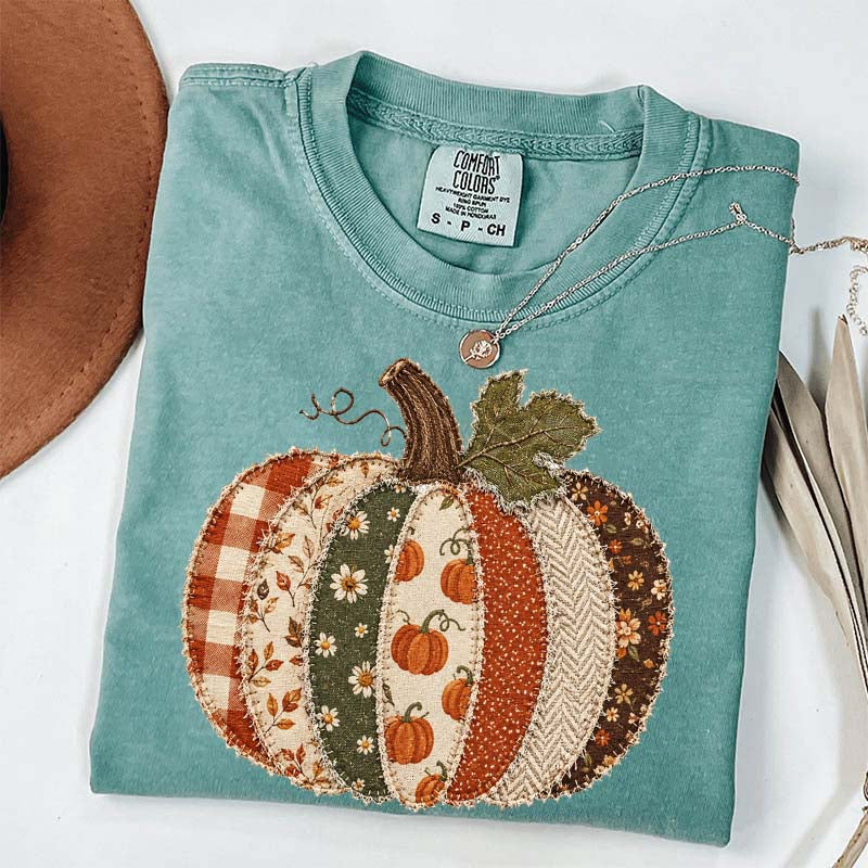 Faux Patchwork Fall Pumpkin Printed T-Shirt