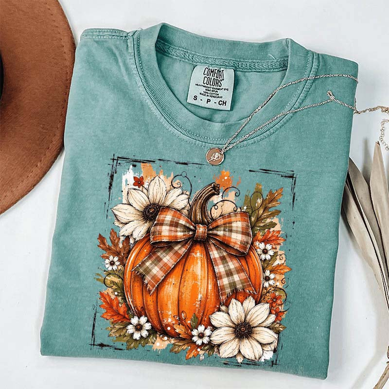 Pumpkin Bow Fall Graphic Floral T-Shirt