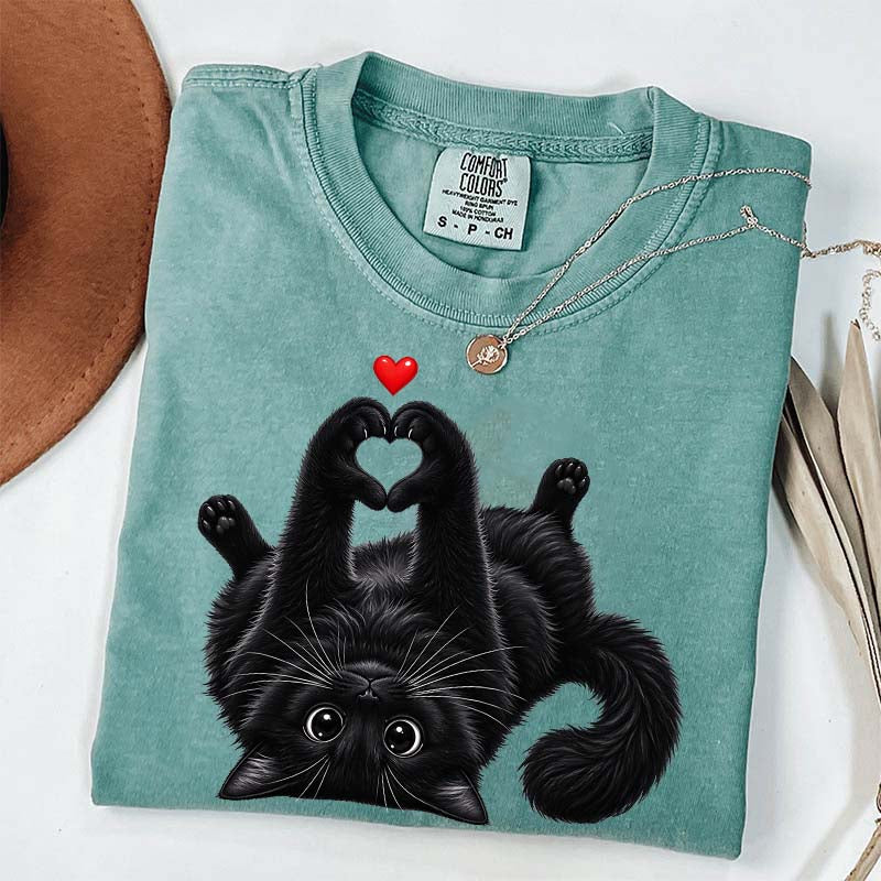 Cute Black Cat Heart Paws T-Shirt