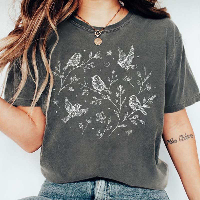 Boho Botanical Birds Sparrow T-Shirt