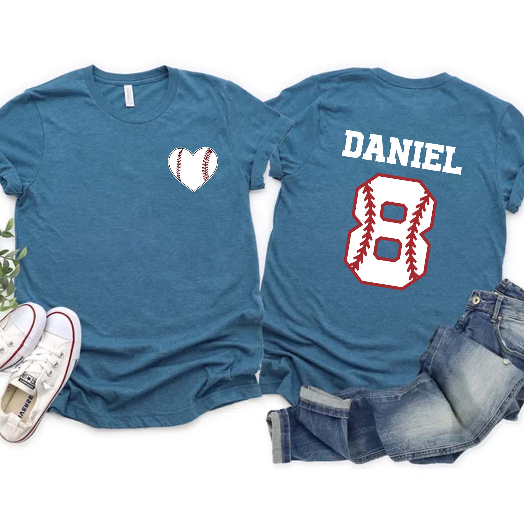 Custom Team Number And Name Baseball Heart T-Shirt