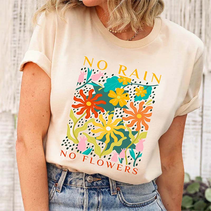 No Rain No Flowers Motivational Floral Gardening T-Shirt