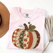 Faux Patchwork Fall Pumpkin Printed T-Shirt