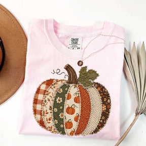 Faux Patchwork Fall Pumpkin Printed T-Shirt