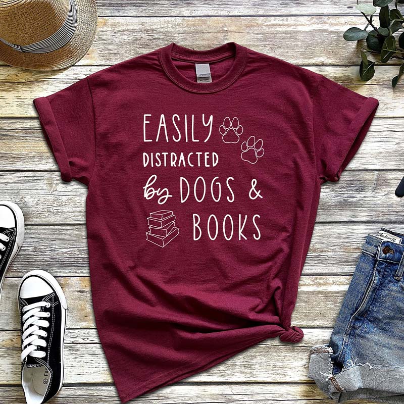 Easily Distracted Dogs And Books T-Shirt