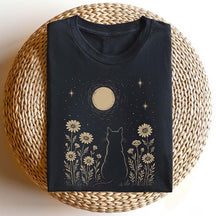 Minimalist Cat Moon Night Sky Floral T-Shirt
