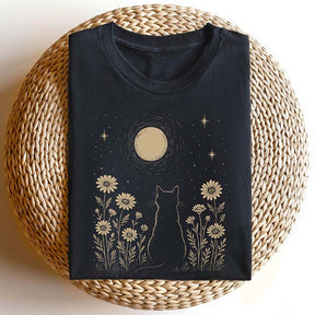 Minimalist Cat Moon Night Sky Floral T-Shirt