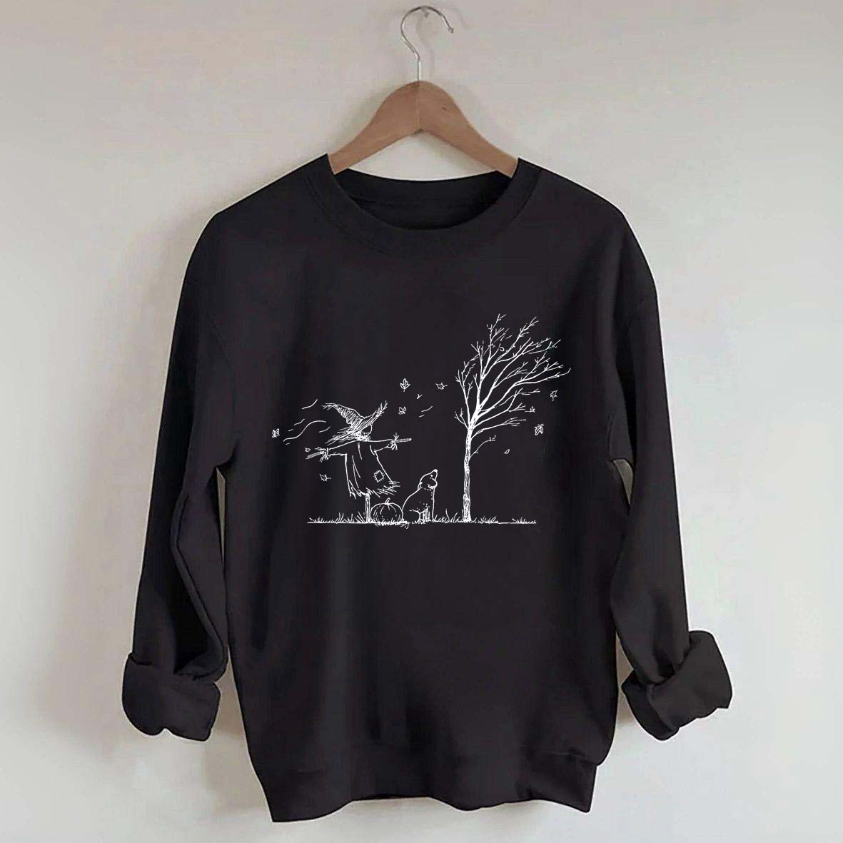 Minimalist Halloween Scarecrow Dog Tree Pumpkin Sweatshirt