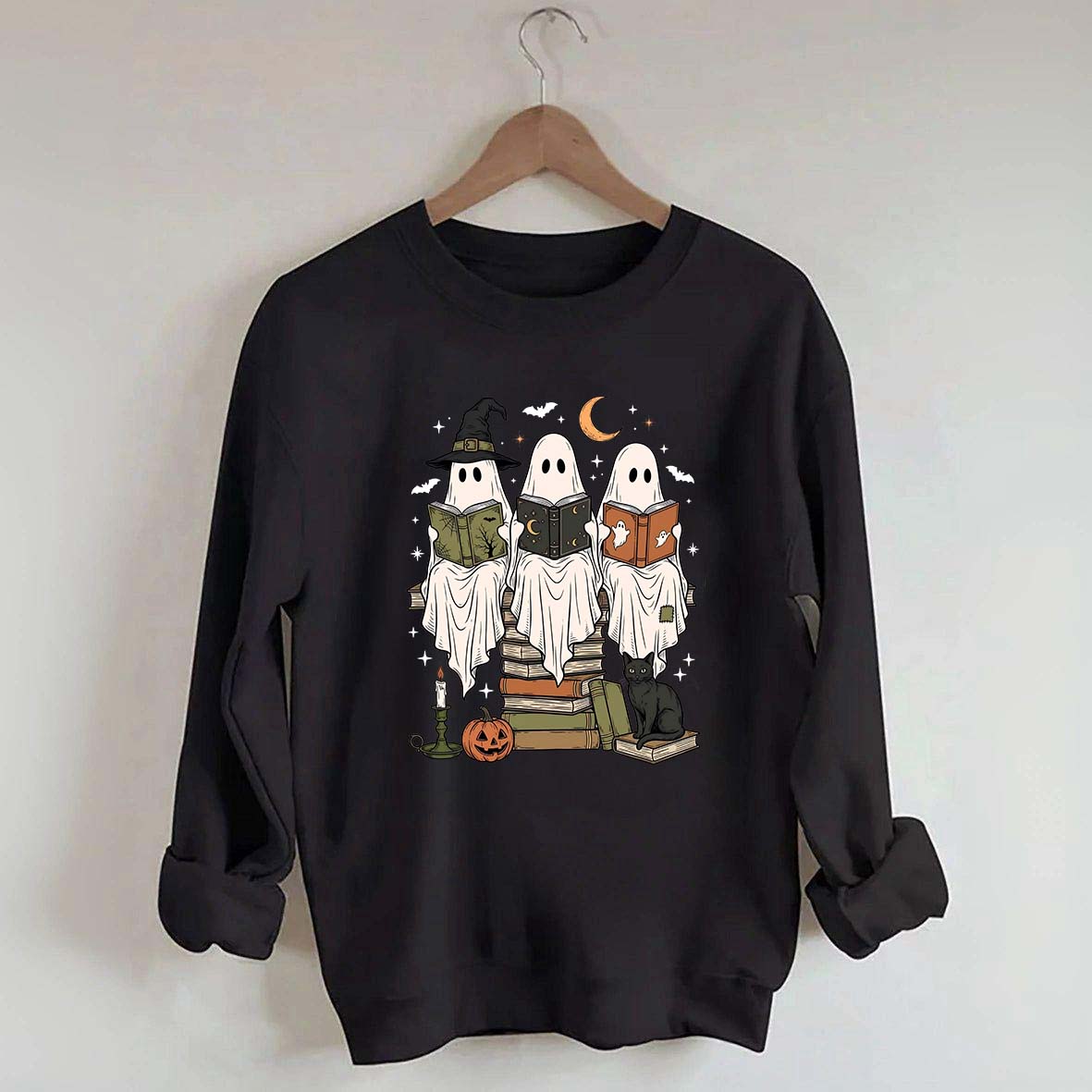 Boo Ghost Reading Books Halloween Sweatshirt