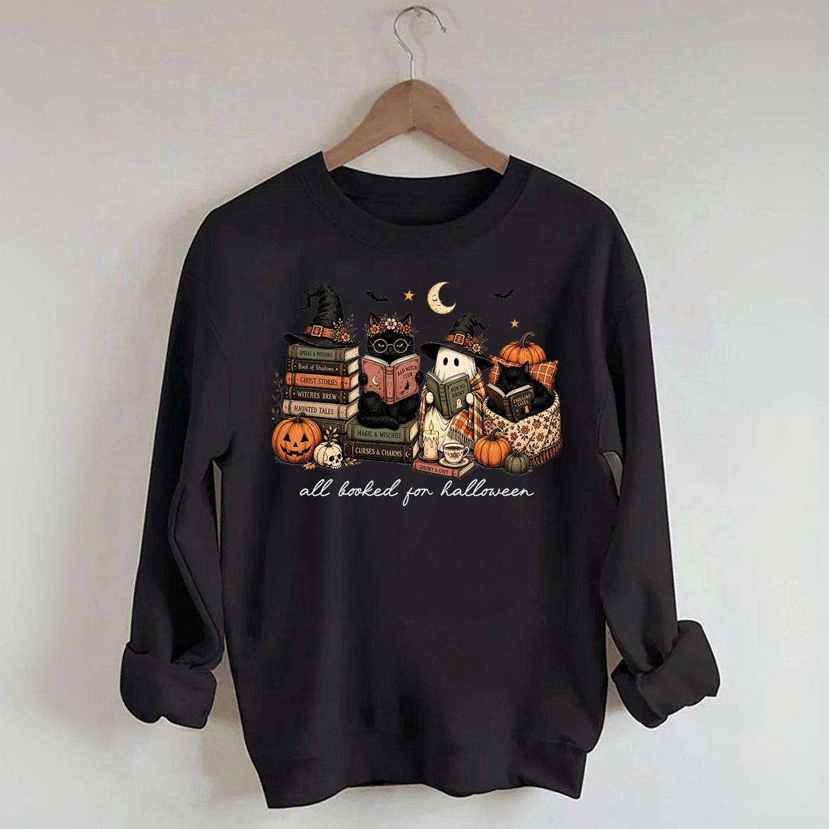 All Booked For Halloween Pumpkin Cats Book Sweatshirt