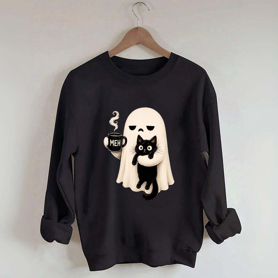 Ghost Holding Black Cat Meh Coffee Sweatshirt