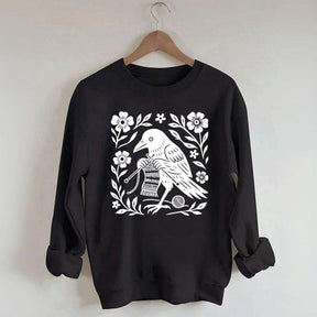 Crow Knitting Linocut Style Bird Sweatshirt