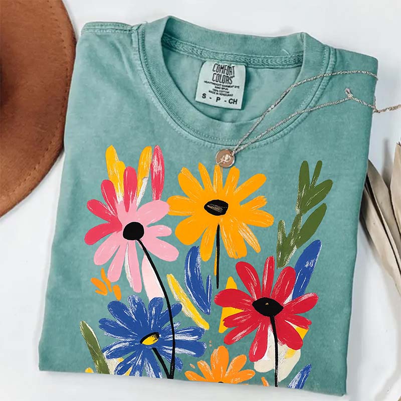 Colorful Floral Spring Hand Painted Flower T-Shirt