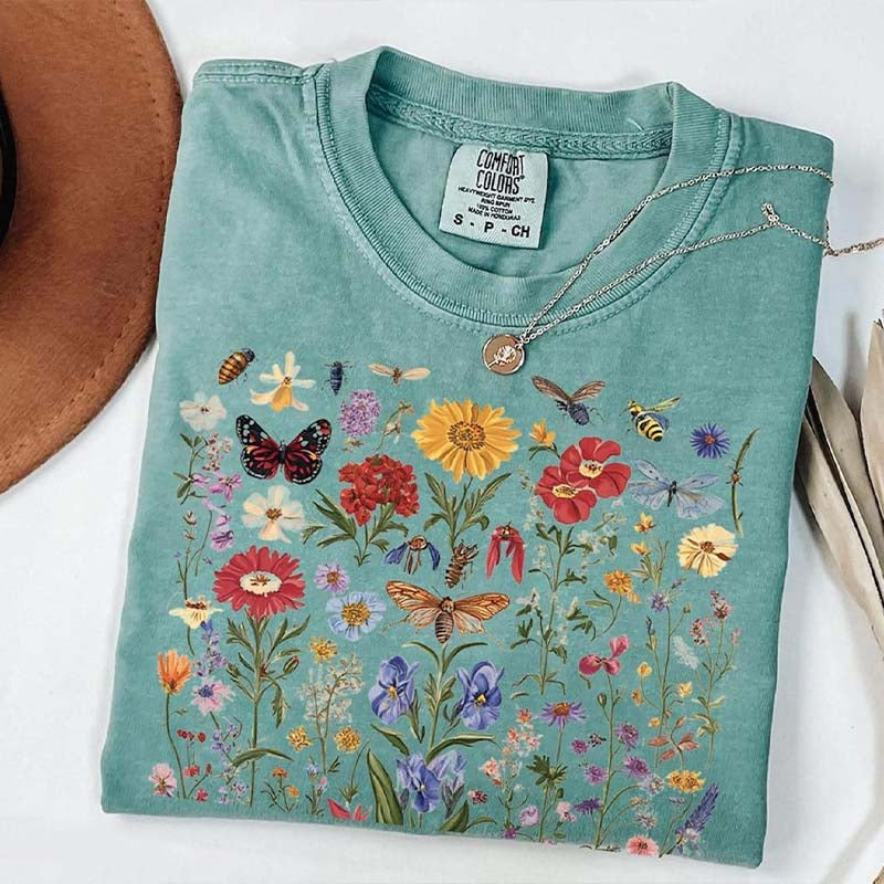 Vintage Pressed Flowers Bee Butterfly T-Shirt