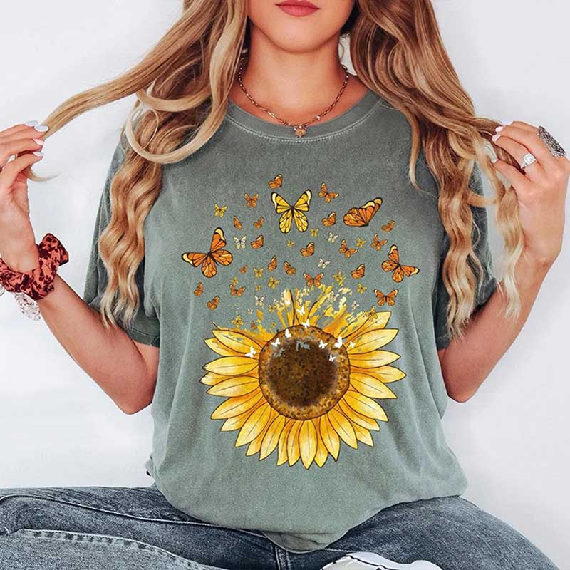 Sunflower Butterfly Floral Botanical T-Shirt