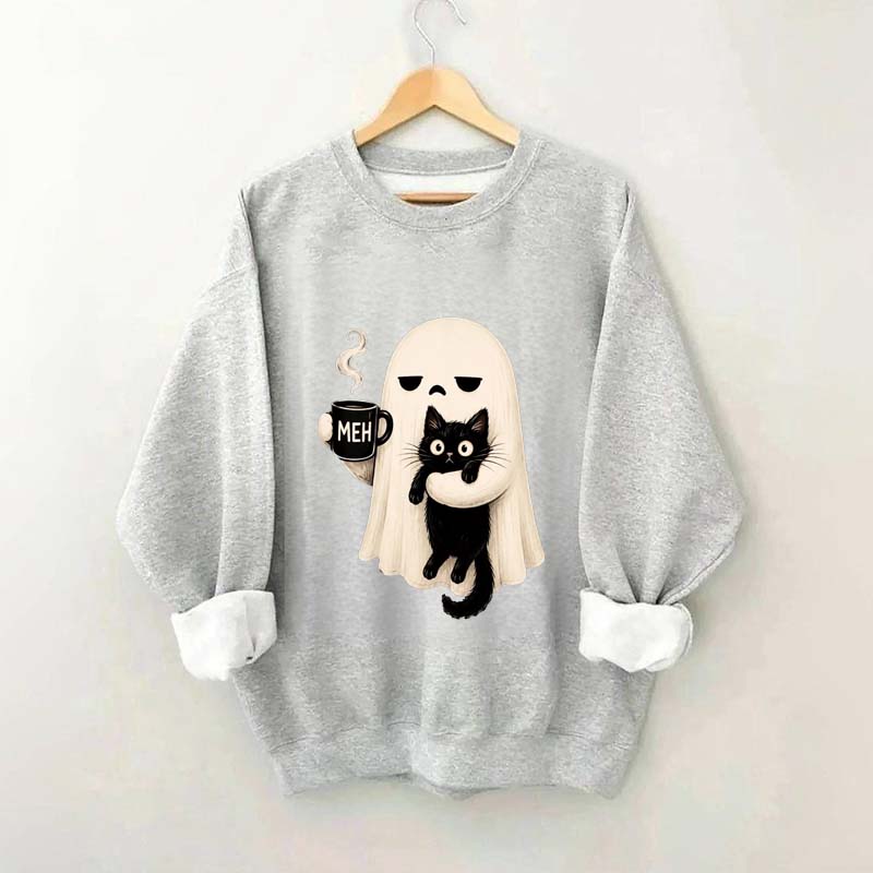 Ghost Holding Black Cat Meh Coffee Sweatshirt