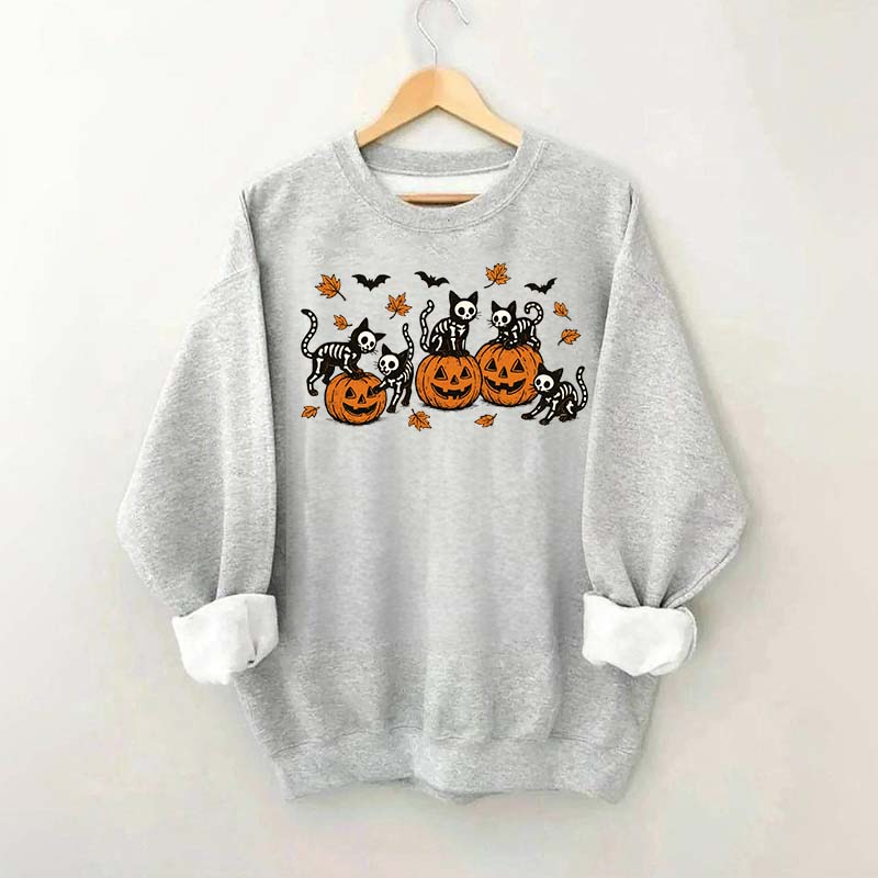 Retro Skeleton Fall Black Cat Pumpkin Sweatshirt