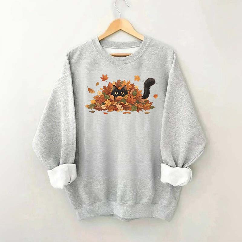 Cute Black Cat Autumn Leaves Sweatshirt