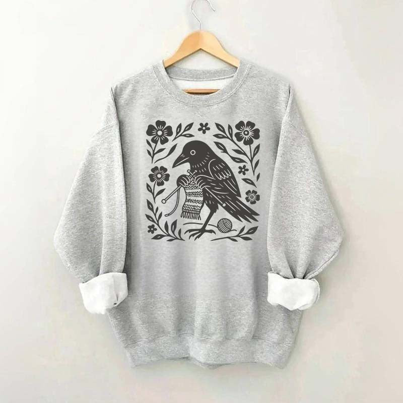 Crow Knitting Linocut Style Bird Sweatshirt