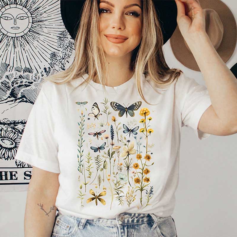 Wild Flower Dragonfly Watercolor Botanical T-Shirt